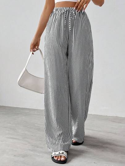 SHEIN Tall Pantalones largos de mujer casuales de uso diario con estampado a rayas y estampados para primavera/verano
