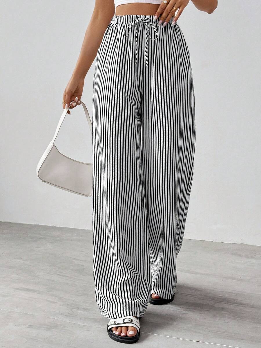 SHEIN Tall Striped & Printed Casual Daily Wear Women Spring/Summer Long Pants - Black - View 1