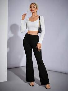 SHEIN Tall 女式高腰針織彈性修身黑色喇叭褲 - 黑色 - 查看 3