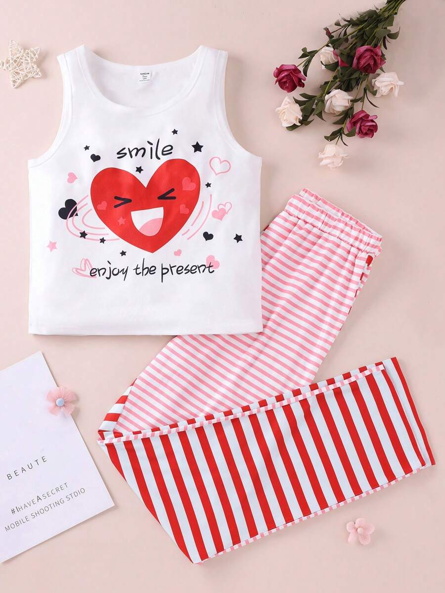 Teen Girls' Simple Stripe Pants And Sleeveless Heart Printed Vest Two Pieces Homewear Set - Multicolor - View 1