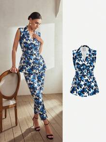 MOTF Classy ALLOVER FLORAL PRINT PEAK COLLAR BUCKLE BELTED WAISTCOAT - Blue - View 9