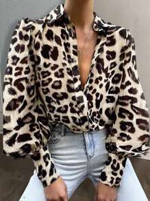 Slaydiva Autumn Casual And Elegant Deep V-Neck Lantern Cuffs Long-Sleeved Lapel Leopard Print Woven Plain Print Fabric Women's Shirt-E - Multicolor - View 2