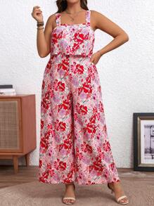 SHEIN Clasi 加大碼花卉印花寬腿背心連身褲 - 粉色 - 查看 1