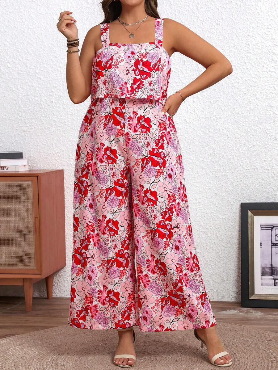 SHEIN Clasi 加大碼花卉印花寬腿背心連身褲 - 粉色 - 查看 1
