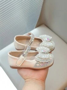 1雙新款夏季蝴蝶結珍珠與鑽石公主風格女孩平底鞋，防滑軟底兒童鞋 - 杏色 - 查看 3