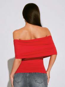 SHEIN SXY Autumn Women's Red Clothing Tight-Fitting Off Shoulder Top - Red - View 2