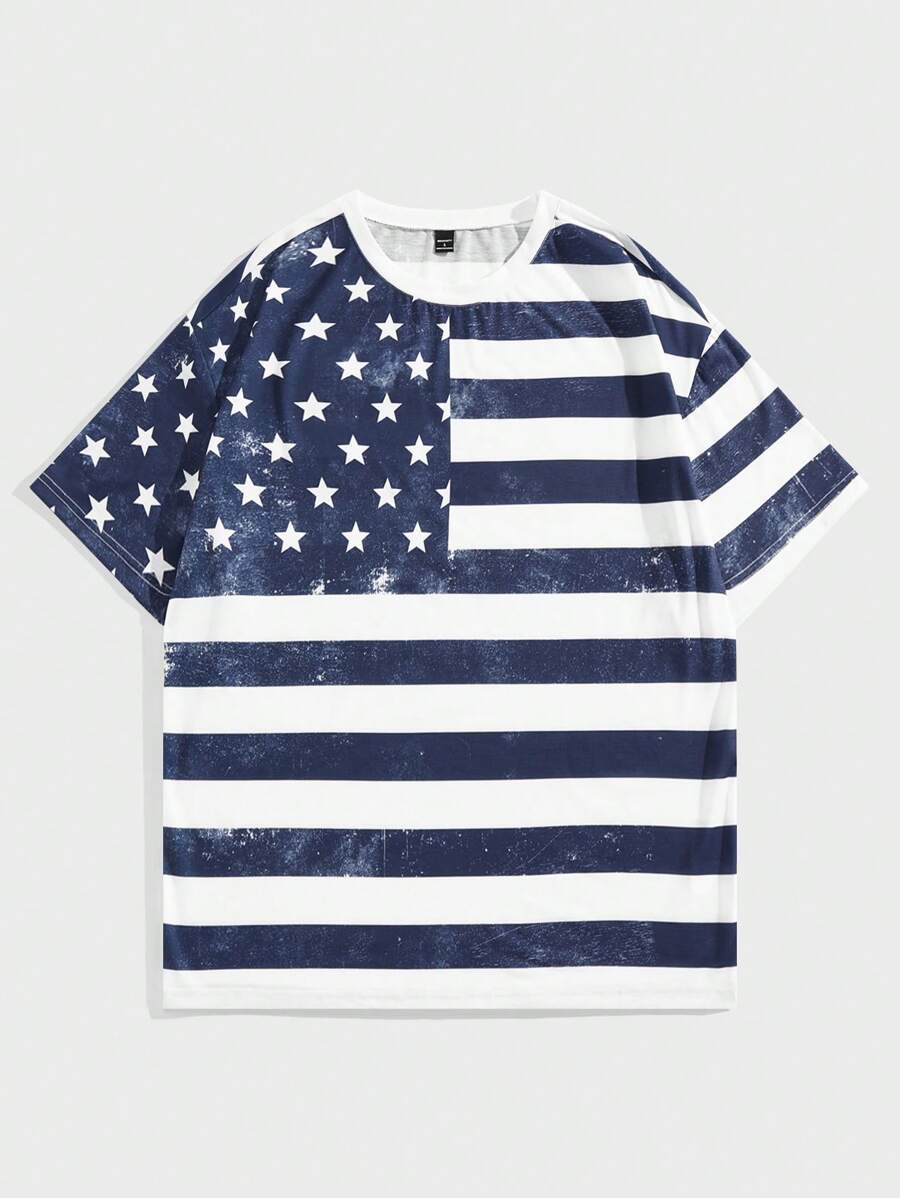 Manfinity Homme Men's Summer Casual Round Neck Short Sleeve T-Shirt With American Flag Print - Multicolor - View 1