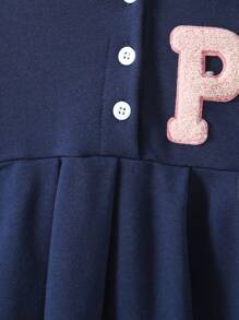 Baby Girl Letter Patched Striped Trim Long Sleeve Pleated Hem Dress - Navy Blue - View 3