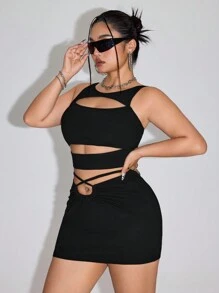 SHEIN ICON Conjunto de talla grande de 2 piezas: Top largo sin mangas y con detalles de tiras huecas, y falda de diseño elegante con lazo.