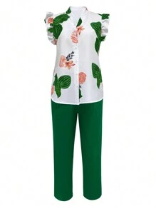 SHEIN Clasi 2 件套女士休闲花卉印花盖袖衬衫和纯色裤子套装，夏季 - 綠色 - 查看 5