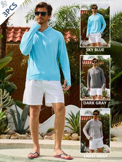 Manfinity Swimmode Men's Hooded Printed Loose Fit Long Sleeve Sun Protection Sports Outdoor Practical Anti-UV Shirt