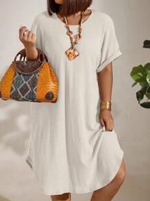 EMERY ROSE Plus Solid Batwing Sleeve Curved Hem Dress - Beige - View 6