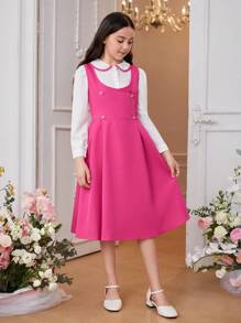 Tween Girl Round Neck Shirt + Double Breasted Dress Set, Style - Hot Pink - View 6