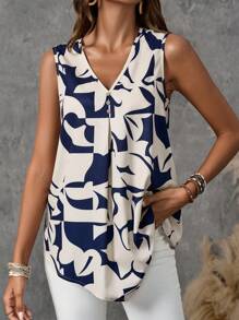 EMERY ROSE Women's Summer Sleeveless V-Neck Shirt With Geometric Pattern - Multicolor - View 6