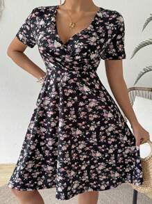 SHEIN VCAY Vestido Con Estampado Floral De Florecitas Con Cuello Sobrepelliz - Multicolor - Ver 5