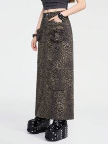 ROMWE Goth Leopard Print Flap Pocket Denim Skirt - Brown - View 4