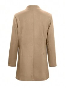 Women's Solid Color Notched Collar Front Open Faux Cashmere Overcoat, Autumn Winter - Khaki - View 3