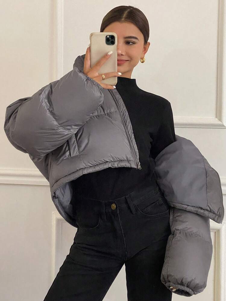 Solid Loose Hooded Long Sleeve Padded Coat With Pockets And Zipper For Women,Winter Women Clothes,Padded Coat Women Jacket