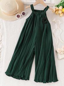 SHEIN Combinaison de jambe large plissée avec fleur 3D et bretelle pour jeune fille, couleur unicolore - Vert sapin - Voir 1