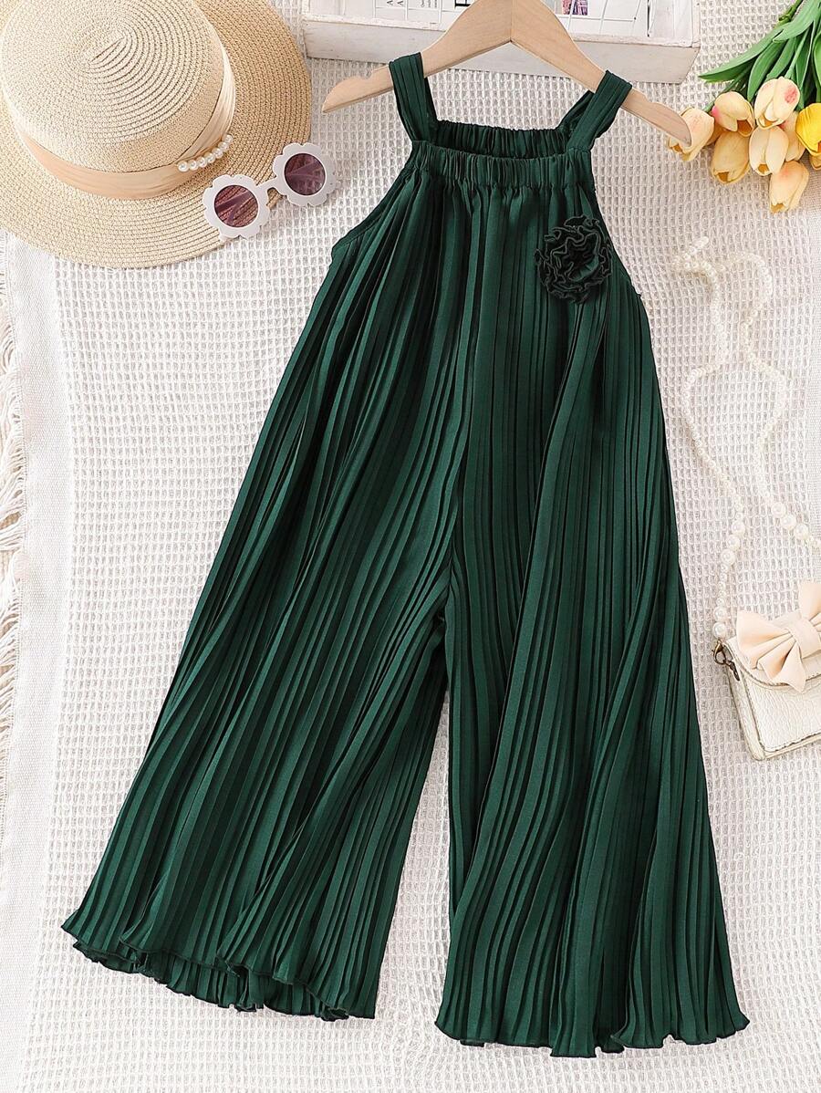 SHEIN Combinaison de jambe large plissée avec fleur 3D et bretelle pour jeune fille, couleur unicolore - Vert sapin - Voir 1