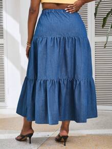 SHEIN VCAY Plus Size Casual Denim Skirt, Layered Design, Loose Fit, Blue, Perfect For Vacation - Medium Wash - View 2