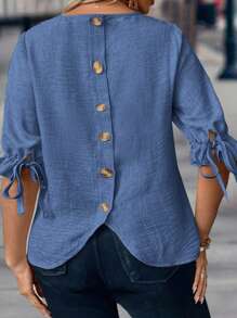 SHEIN LUNE 加扣鈕後背束帶袖口上衣 - 藍色 - 查看 2