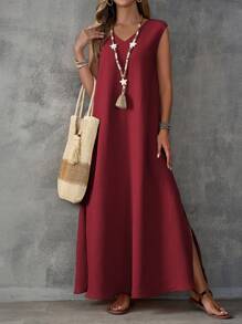 EMERY ROSE Khaki Textured Fabric V-Neck Slit Design Sleeveless Women's Dress - Burgundy - View 4