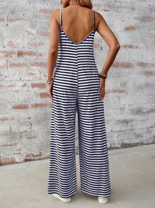 SHEIN LUNE 夏季女士褶邊領，條紋和花卉印花，舒適，休閒，假日，側口袋，無袖連身褲 - 彩色 - 查看 2