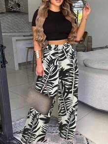 Conjunto de dos piezas con top corto ajustado y pantalones anchos de pierna ancha con estampado para mujer - Multicolor - Ver 1