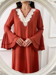 Al Najma Contrast Lace V Neck Flare Sleeve Dress - Coral Orange - View 8