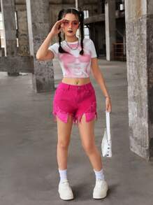 SHEIN Shorts de Denim com Bainha Crua Rasgada para Adolescentes