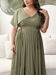 Modelyn Plus Size Women's Solid Color V-Neck Ruffled Short Sleeve Waist Tie Elegant Dress, Summer - Olive Green - View 6