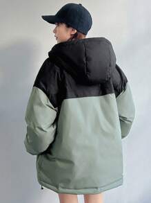 FRIFUL Áo khoác trùm đầu in chữ màu khối rộng rãi ấm áp thường ngày cho nữ mùa đông - màu xanh lá - Xem 5