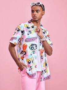 ROMWE MEN The Powerpuff Girls | ROMWE Men's Casual Cartoon & Letter Print Short Sleeve Shirt, Summer, School - Multicolor - View 3