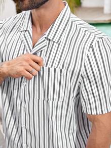 Manfinity Homme Men's Plus Size Striped Camp Collar Short Sleeve Casual Shirt And Shorts Set - Black and White - View 3