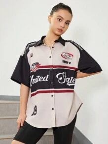 SHEIN Teen Girl's Contrast Color English Printed Pattern Turn-Down Collar Casual Shirt