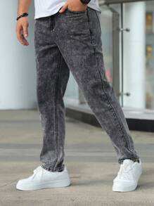 Men's Solid Color Casual Straight-Leg Jeans - Grey - View 3