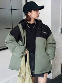 FRIFUL Áo khoác trùm đầu in chữ màu khối rộng rãi ấm áp thường ngày cho nữ mùa đông - màu xanh lá - Xem 6