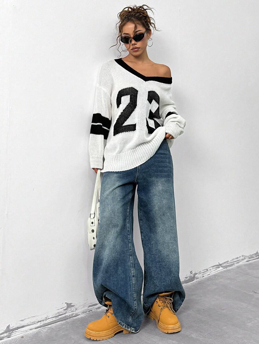 StreetHx 女士时尚镂空针织毛衣，V 领设计，学院风，长袖上衣 - 黑與白 - 查看 1