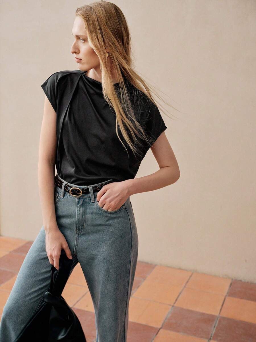 MOTF PREMIUM Camiseta con manga murciélago fruncida y detalle de abertura con botón en la espalda