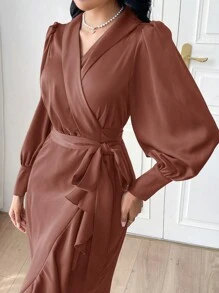 Modelyn Lantern Sleeve Ruffle Trim Wrap Belted Dress Long Evening Dresses - Redwood - View 4