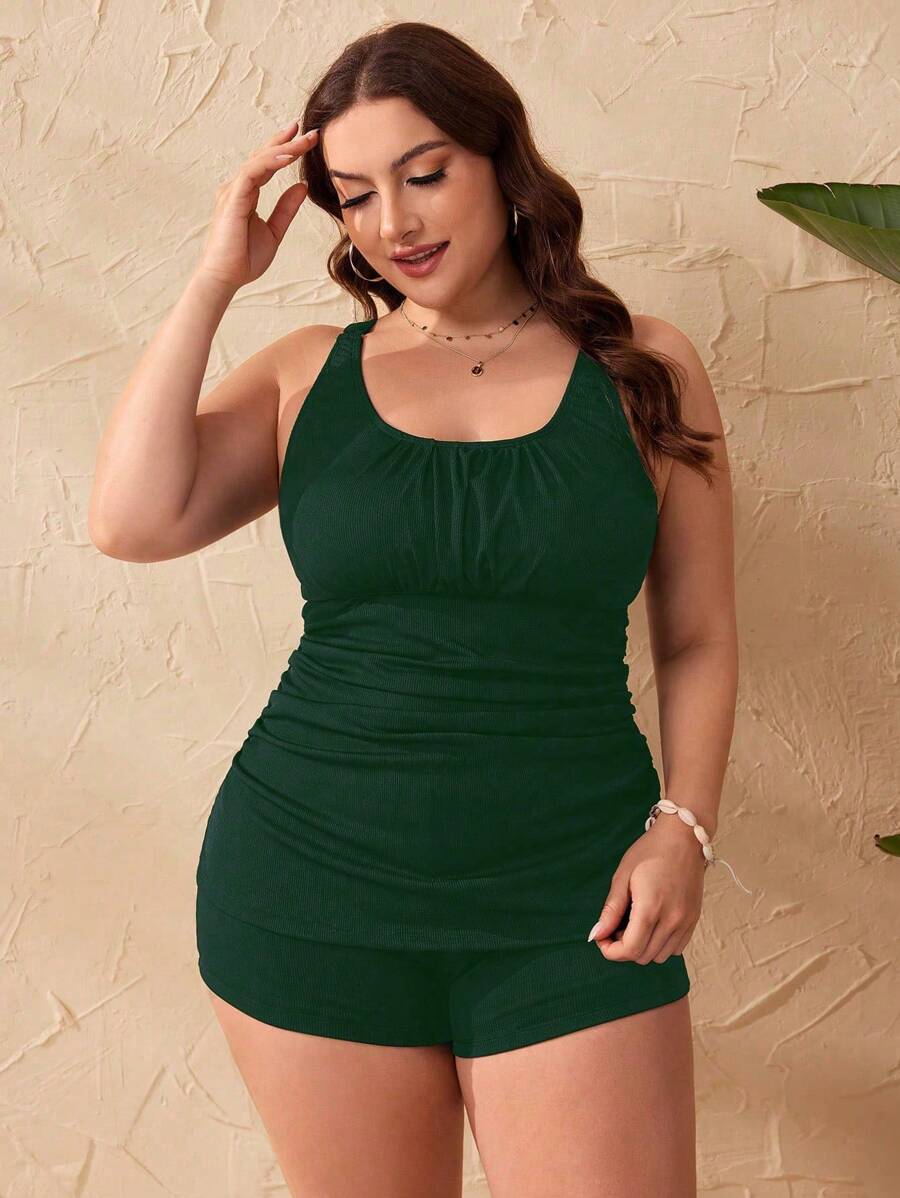 SHEIN Swim Curve Plus Size Summer Beach Solid Sleeveless Ruched Casual Vacation Tankini Set - Dark Green - View 1