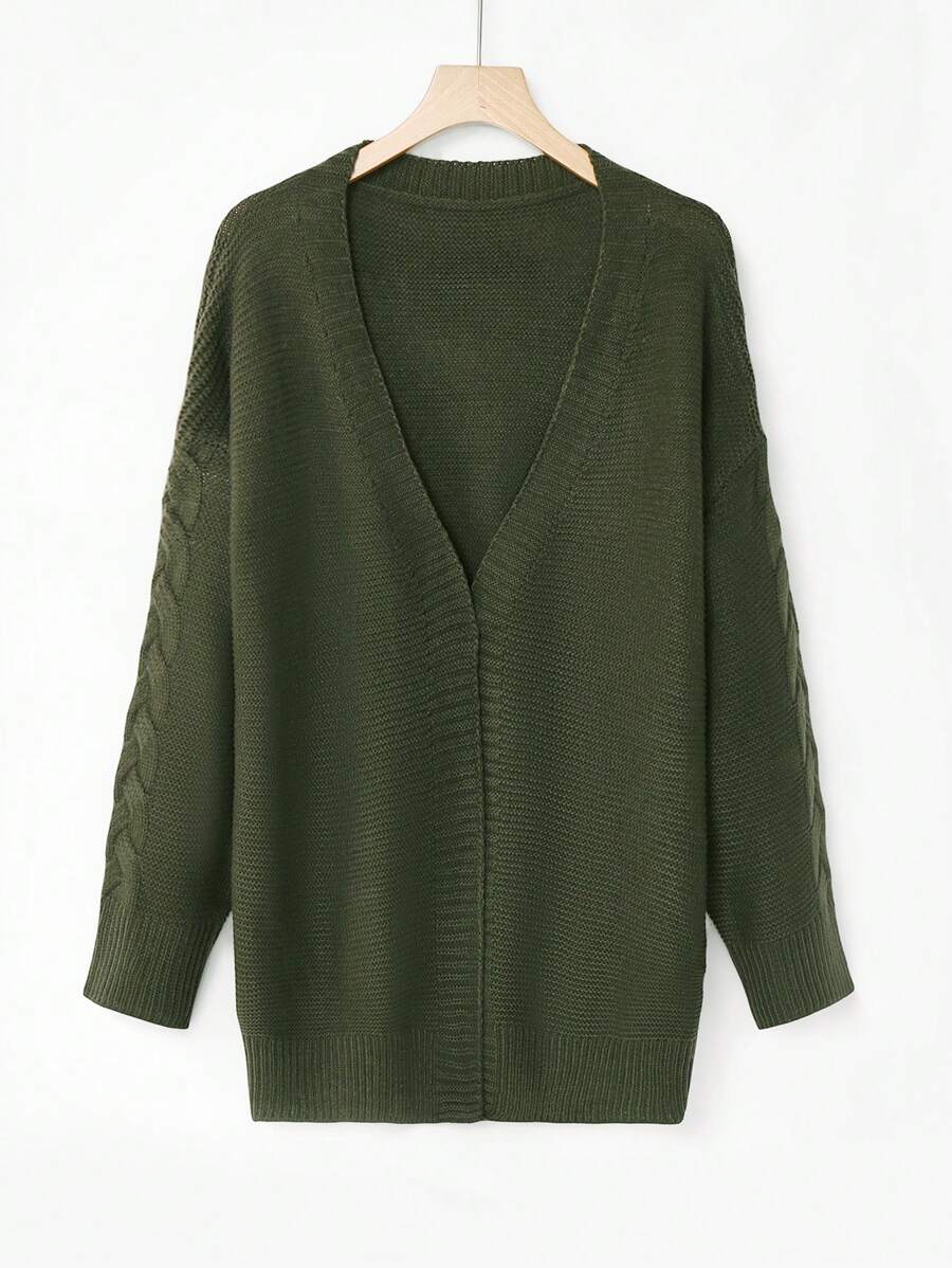 SHEIN LUNE Plus Solid Drop Shoulder Casual Cardigan For Dailywear - Dark Green - View 1