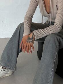 DAZY 斜口袋阔腿牛仔裤、宽松牛仔裤 - 淺色水洗藍 - 查看 3