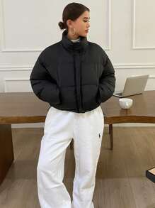 DAZY 女士纯色简约日常长袖棉衣，冬季女装，棉衣女式夹克 - 黑色 - 查看 6