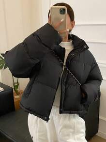 DAZY 女士纯色简约日常长袖棉衣，冬季女装，棉衣女式夹克 - 黑色 - 查看 10