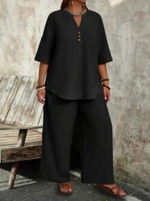 EMERY ROSE Ensemble top à encolure encochée, manches à rouler et pantalon à jambes larges