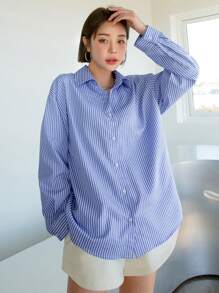 DAZY Áo sơ mi dài tay kẻ sọc, trang phục công sở thường ngày, mùa thu, quần áo nữ mùa thu - Xanh đậm - Xem 3