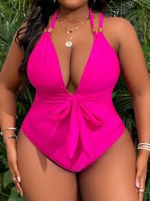 Swim Vcay Plus Size Rose Red Beachwear One-Piece Swimsuit, Summer Swimwear Plus Size Women - Hot Pink - View 1