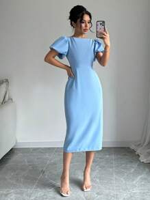 Elenzga 夏季纯色泡泡袖开衩淡蓝色连衣裙长款女装